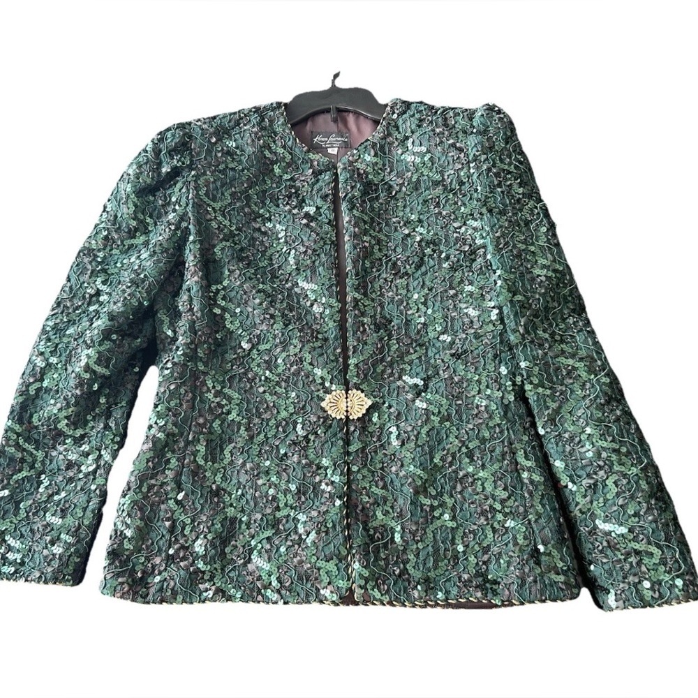 Karen Lawrence By Matthew Sequin Jacket Green 8 Vintage Gold Cord Detail Glam - Picture 15 of 15